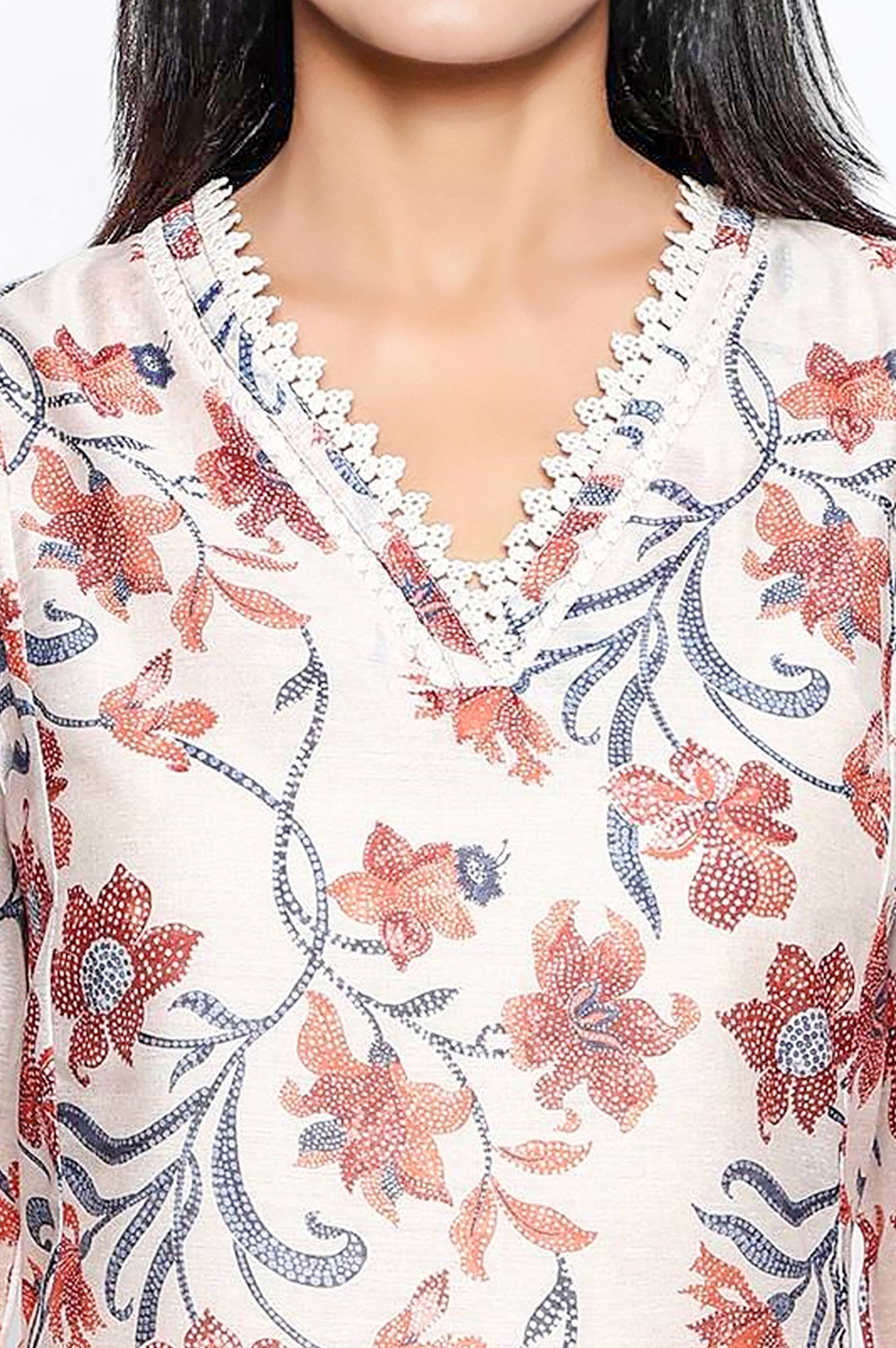 W for Woman Walnut Beige Printed Chanderi A-line Kurta and Straight Pant Set