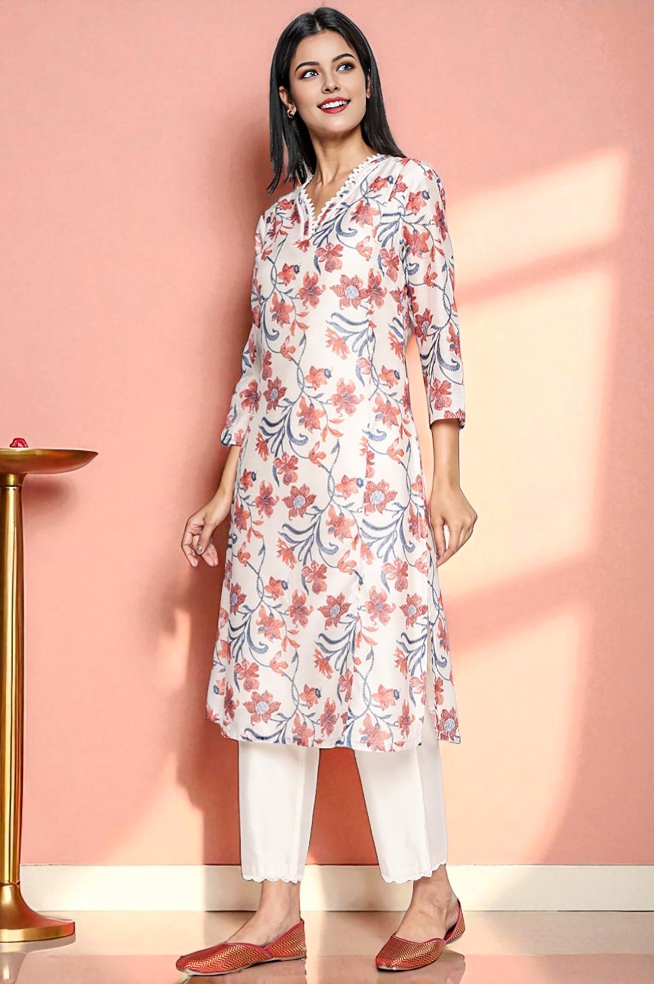 W for Woman Walnut Beige Printed Chanderi A-line Kurta and Straight Pant Set