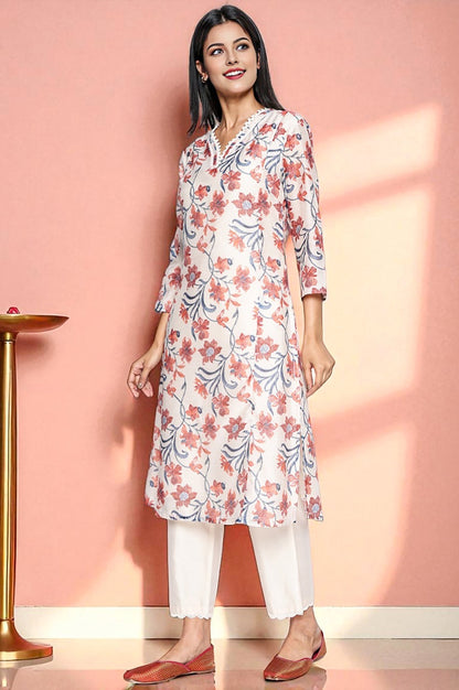 W for Woman Walnut Beige Printed Chanderi A-line Kurta and Straight Pant Set