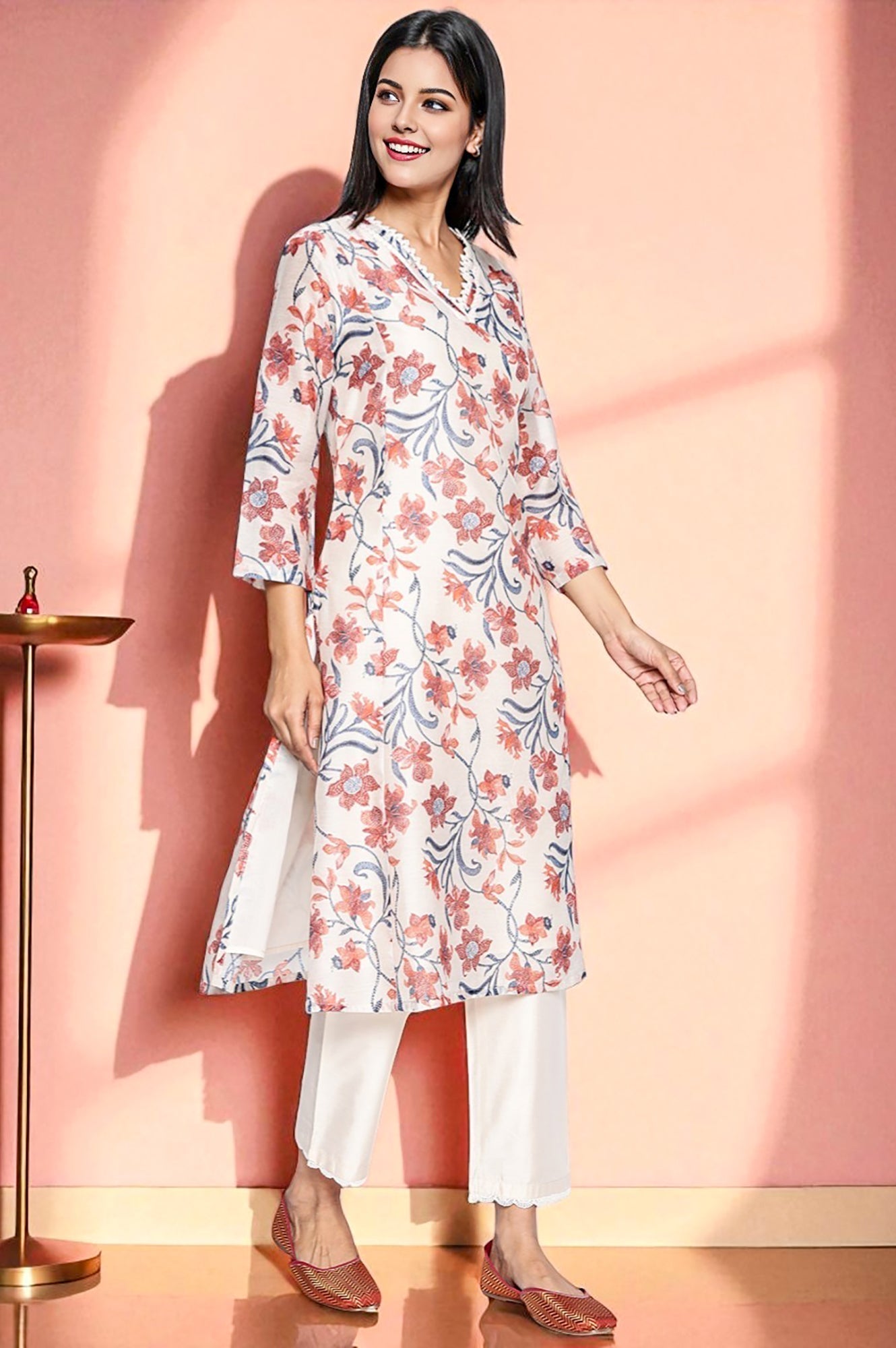 W for Woman Walnut Beige Printed Chanderi A-line Kurta and Straight Pant Set