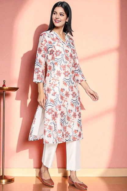 W for Woman Walnut Beige Printed Chanderi A-line Kurta and Straight Pant Set