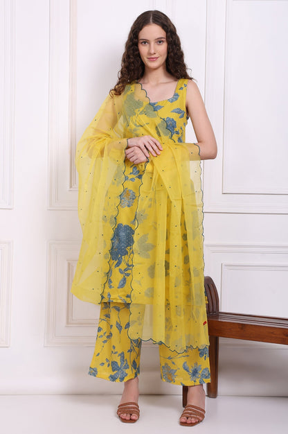 W for Woman Yellow Bold Floral Printed Pure Cotton Straight Kurta, Parallel Pants and Dupatta Set