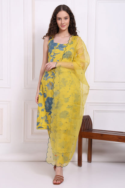W for Woman Yellow Bold Floral Printed Pure Cotton Straight Kurta, Parallel Pants and Dupatta Set