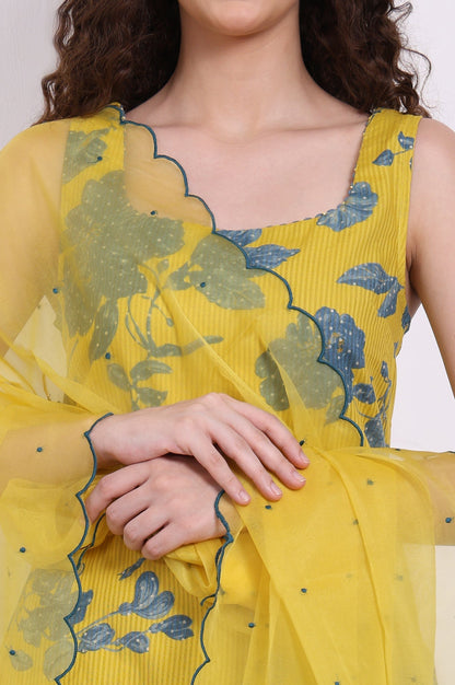 W for Woman Yellow Bold Floral Printed Pure Cotton Straight Kurta, Parallel Pants and Dupatta Set