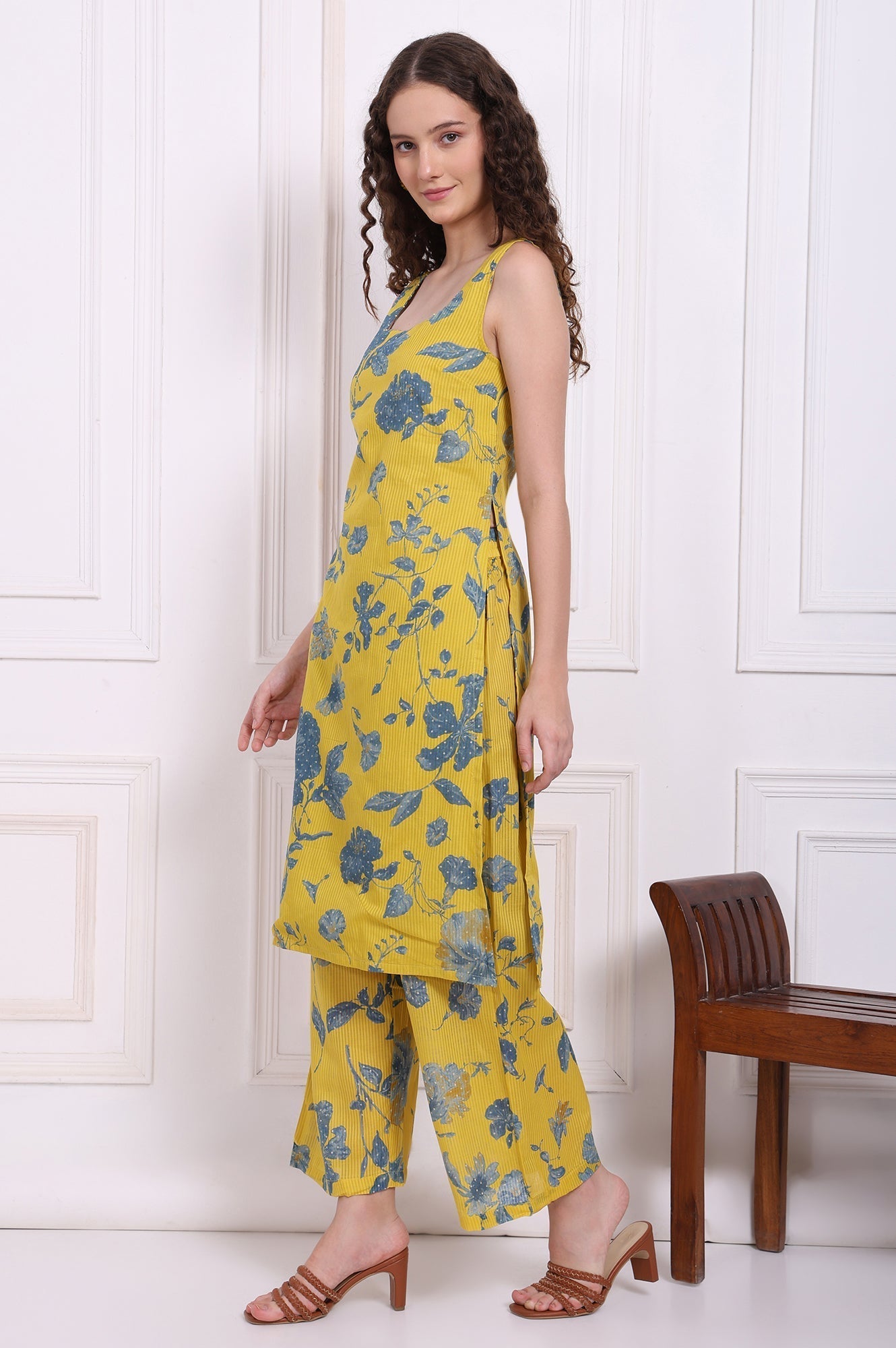 W for Woman Yellow Bold Floral Printed Pure Cotton Straight Kurta, Parallel Pants and Dupatta Set