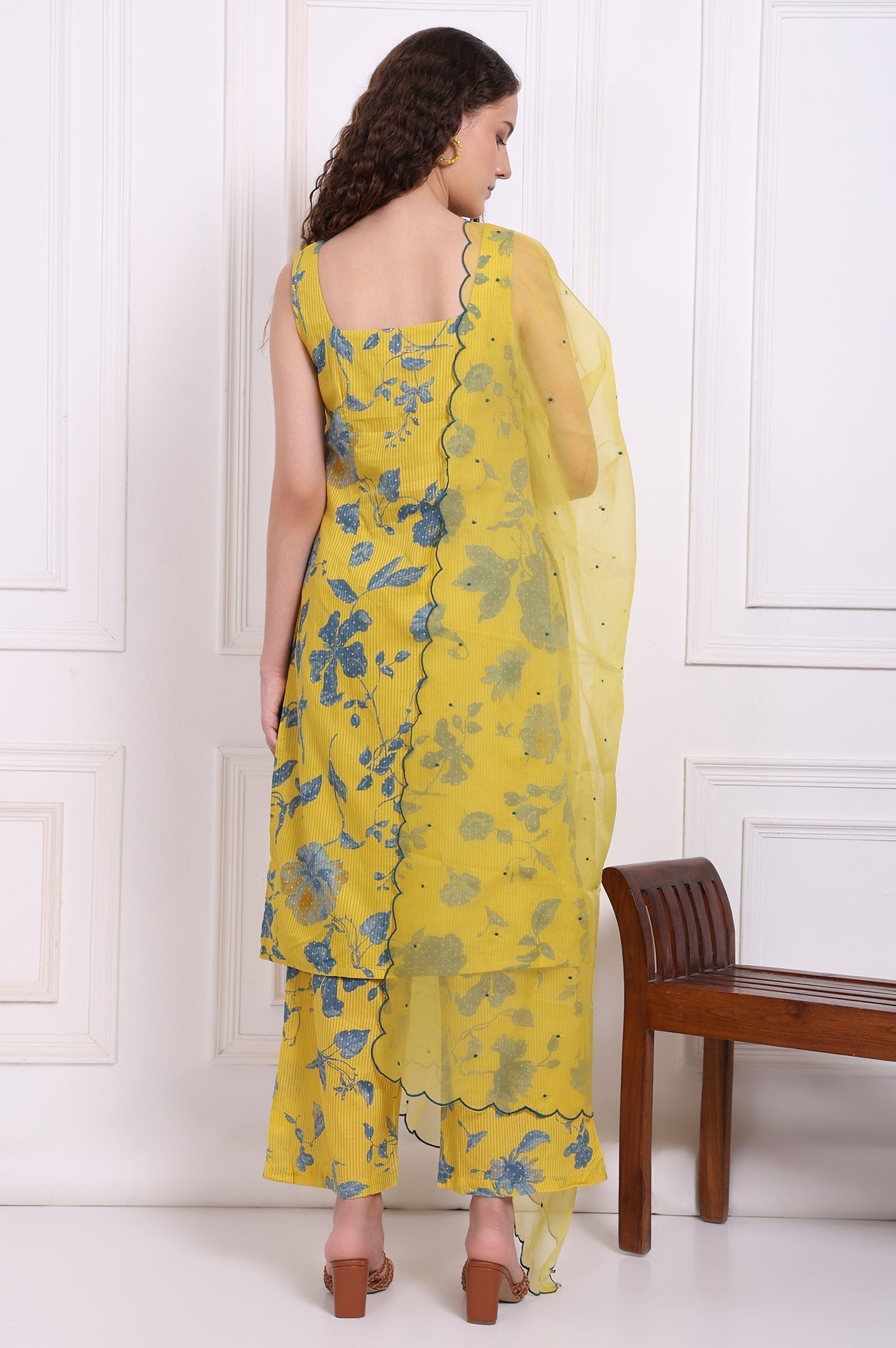 W for Woman Yellow Bold Floral Printed Pure Cotton Straight Kurta, Parallel Pants and Dupatta Set