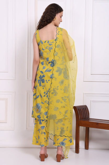 W for Woman Yellow Bold Floral Printed Pure Cotton Straight Kurta, Parallel Pants and Dupatta Set