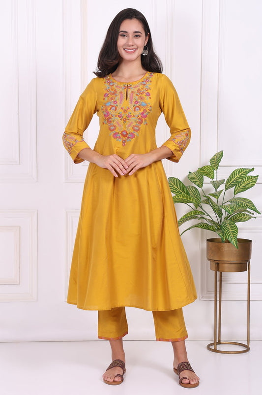 W for Woman Yellow Embroidered Flared Kurta