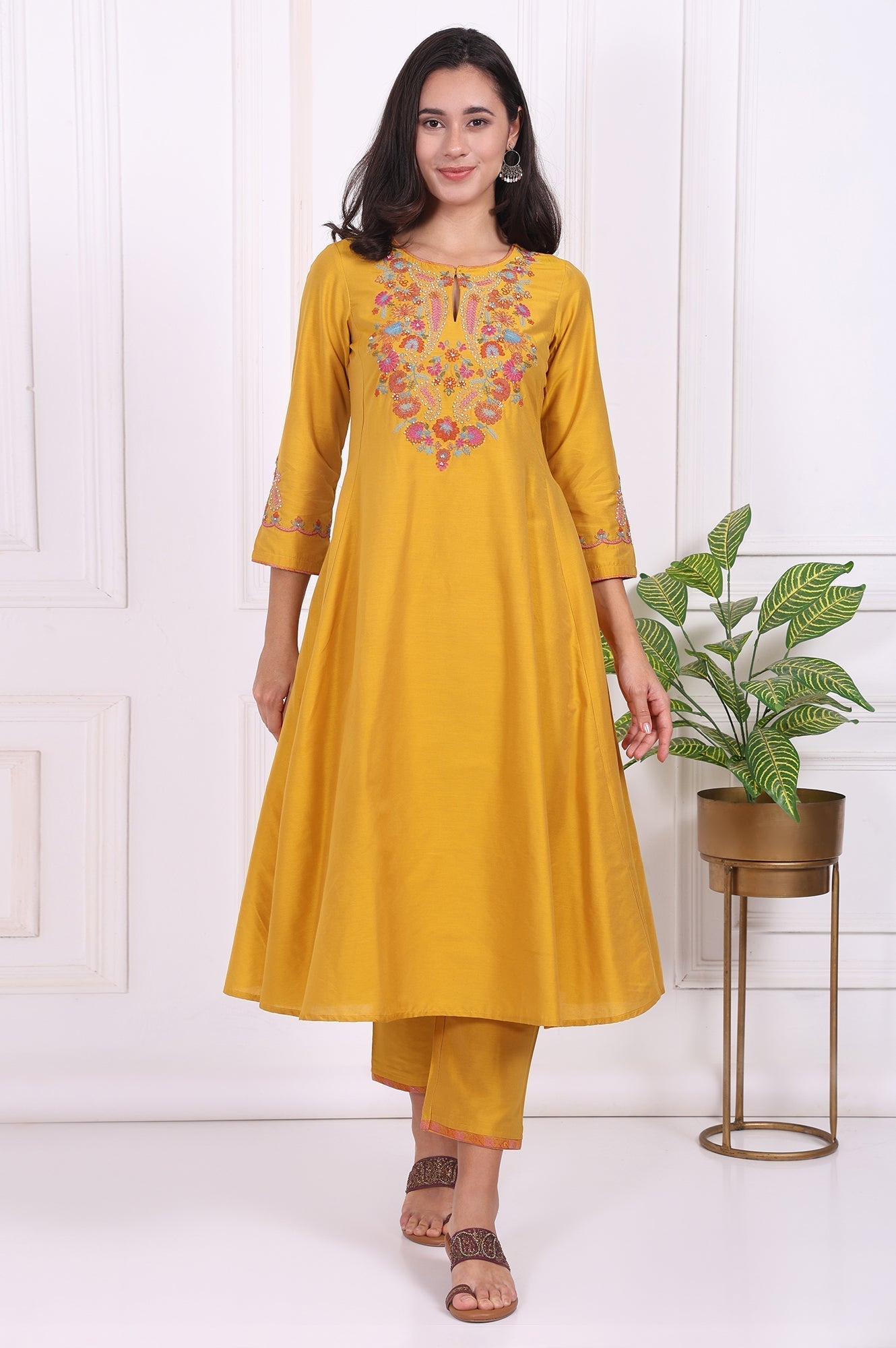 W for Woman Yellow Embroidered Flared Kurta