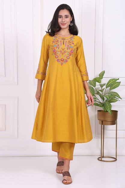W for Woman Yellow Embroidered Flared Kurta