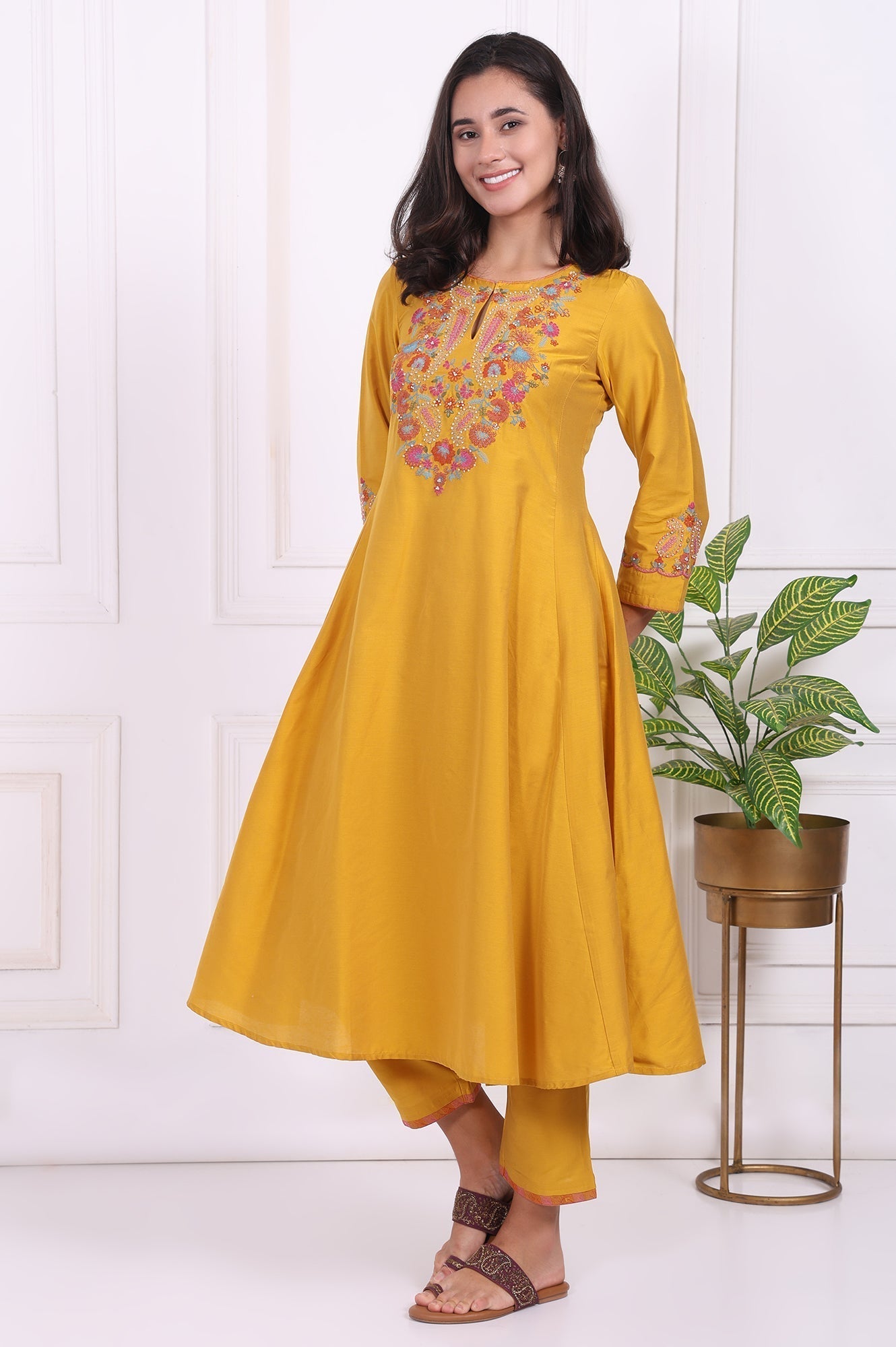 W for Woman Yellow Embroidered Flared Kurta