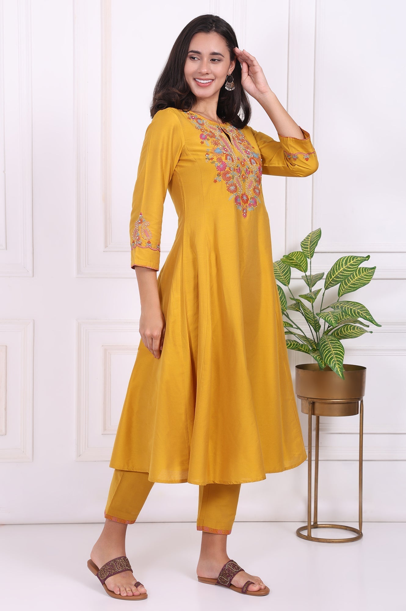 W for Woman Yellow Embroidered Flared Kurta