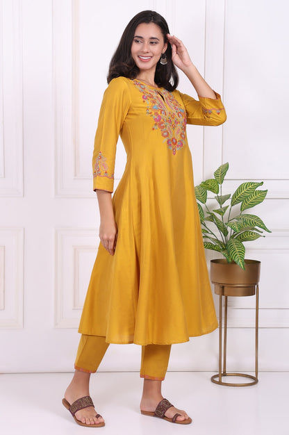 W for Woman Yellow Embroidered Flared Kurta