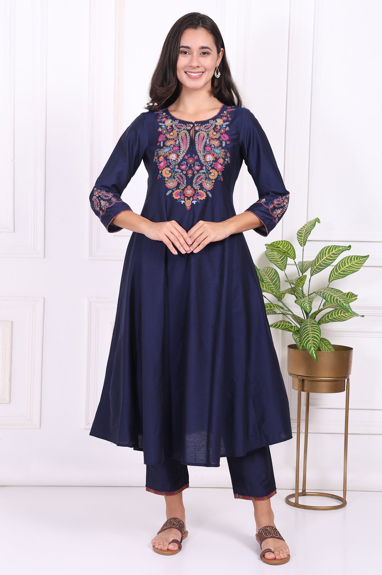 W for Woman Navy Blue Embroidered Flared Kurta