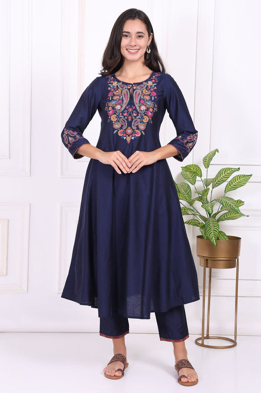 W for Woman Navy Blue Embroidered Flared Kurta