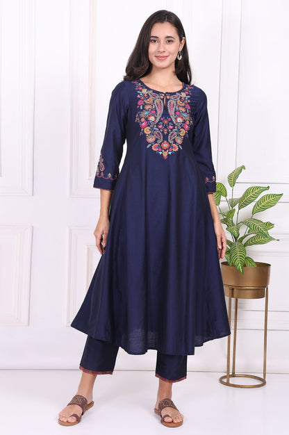 W for Woman Navy Blue Embroidered Flared Kurta