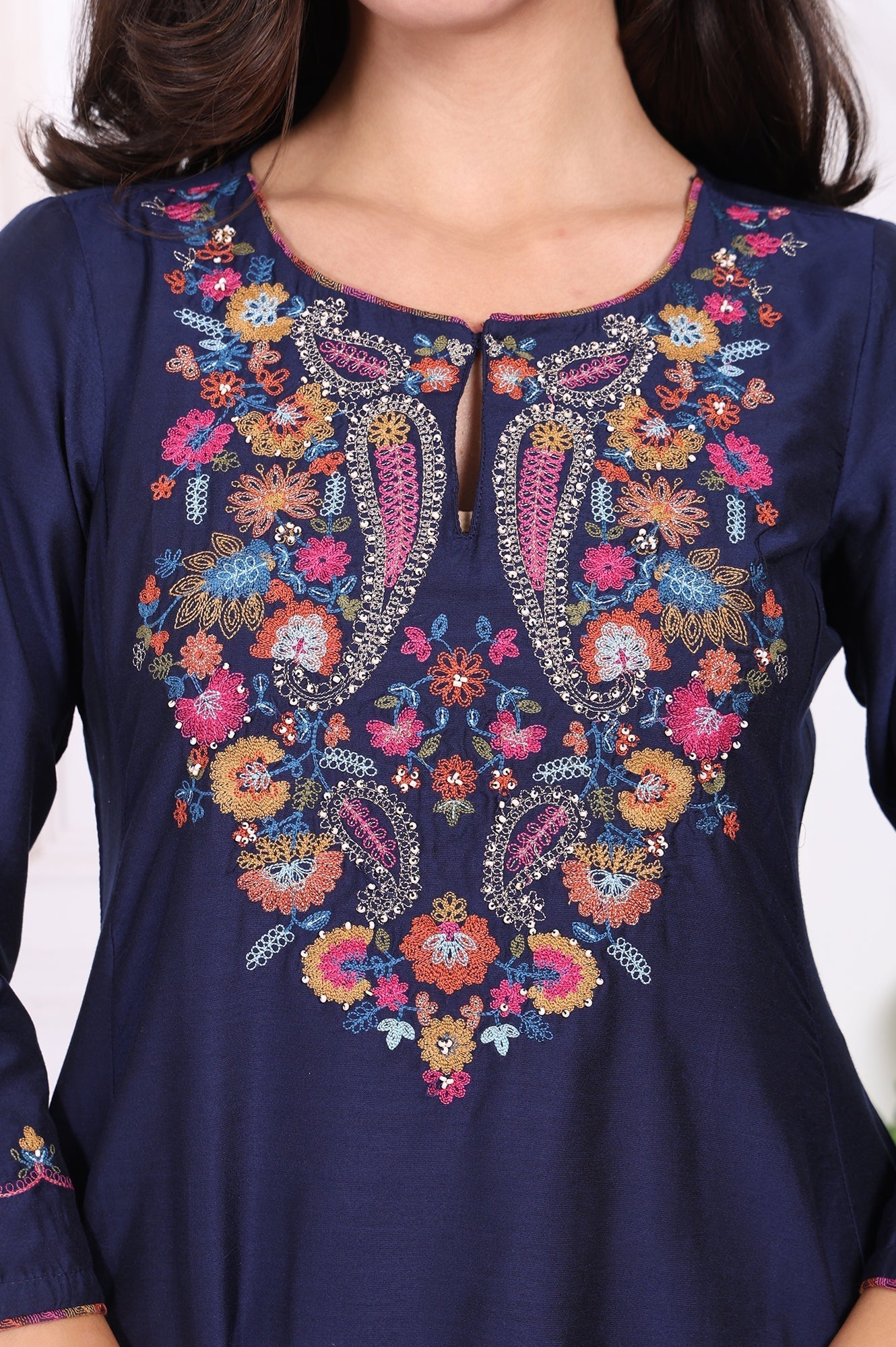 W for Woman Navy Blue Embroidered Flared Kurta
