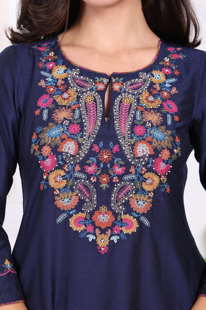 W for Woman Navy Blue Embroidered Flared Kurta