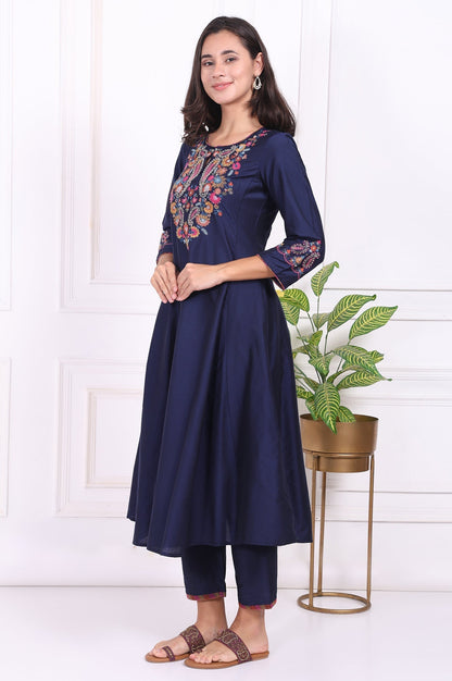 W for Woman Navy Blue Embroidered Flared Kurta