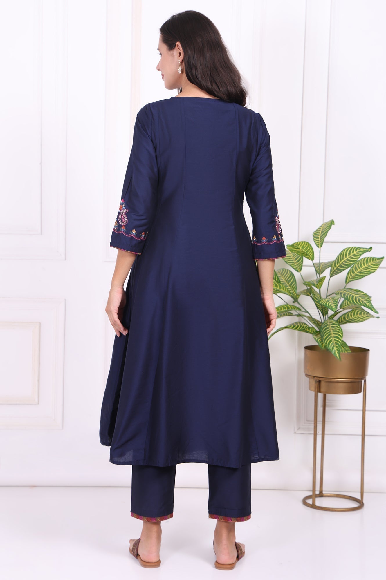 W for Woman Navy Blue Embroidered Flared Kurta