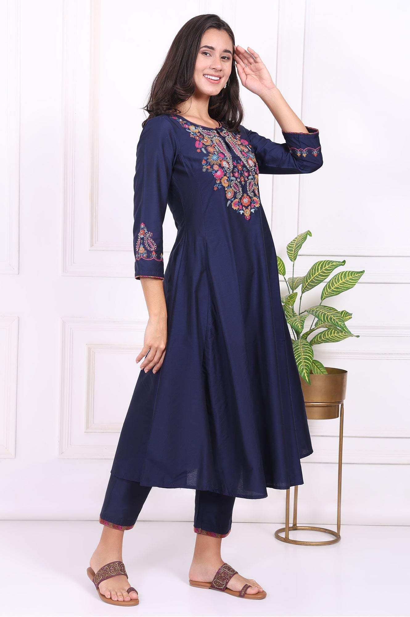W for Woman Navy Blue Embroidered Flared Kurta
