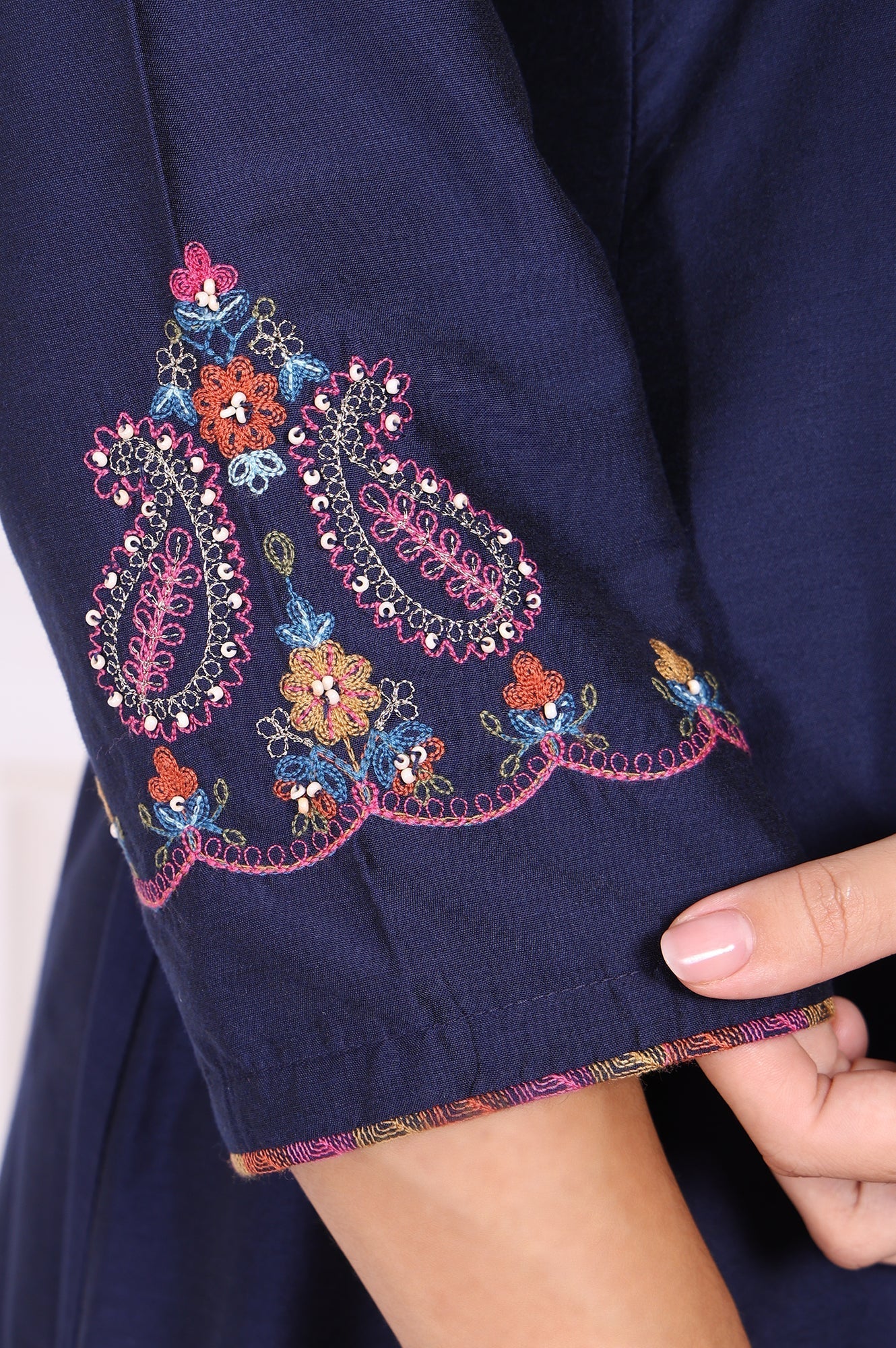 W for Woman Navy Blue Embroidered Flared Kurta