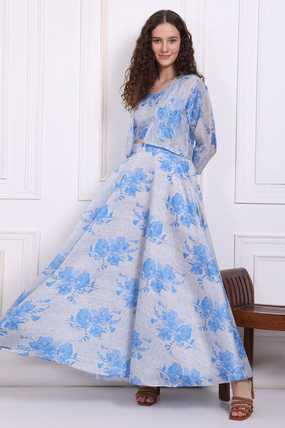 W for Woman Dusty Blue Spaghetti Crop Top, Embroidered Jacket and Skirt Set