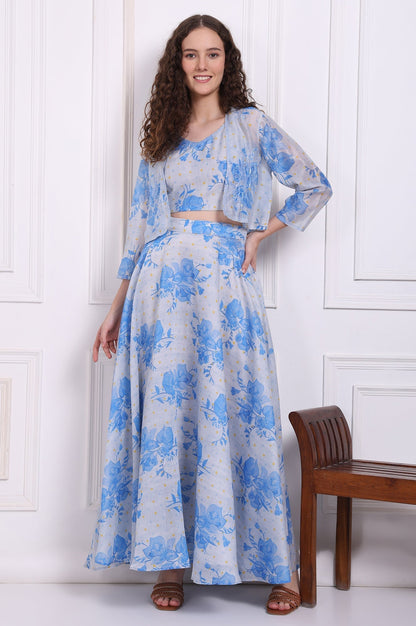W for Woman Dusty Blue Spaghetti Crop Top, Embroidered Jacket and Skirt Set