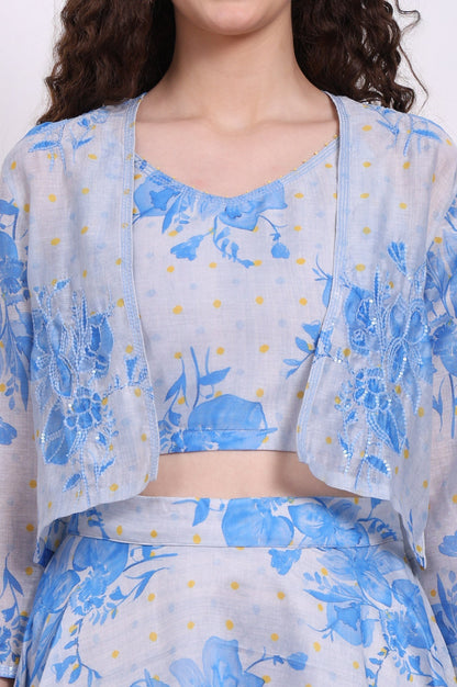 W for Woman Dusty Blue Spaghetti Crop Top, Embroidered Jacket and Skirt Set