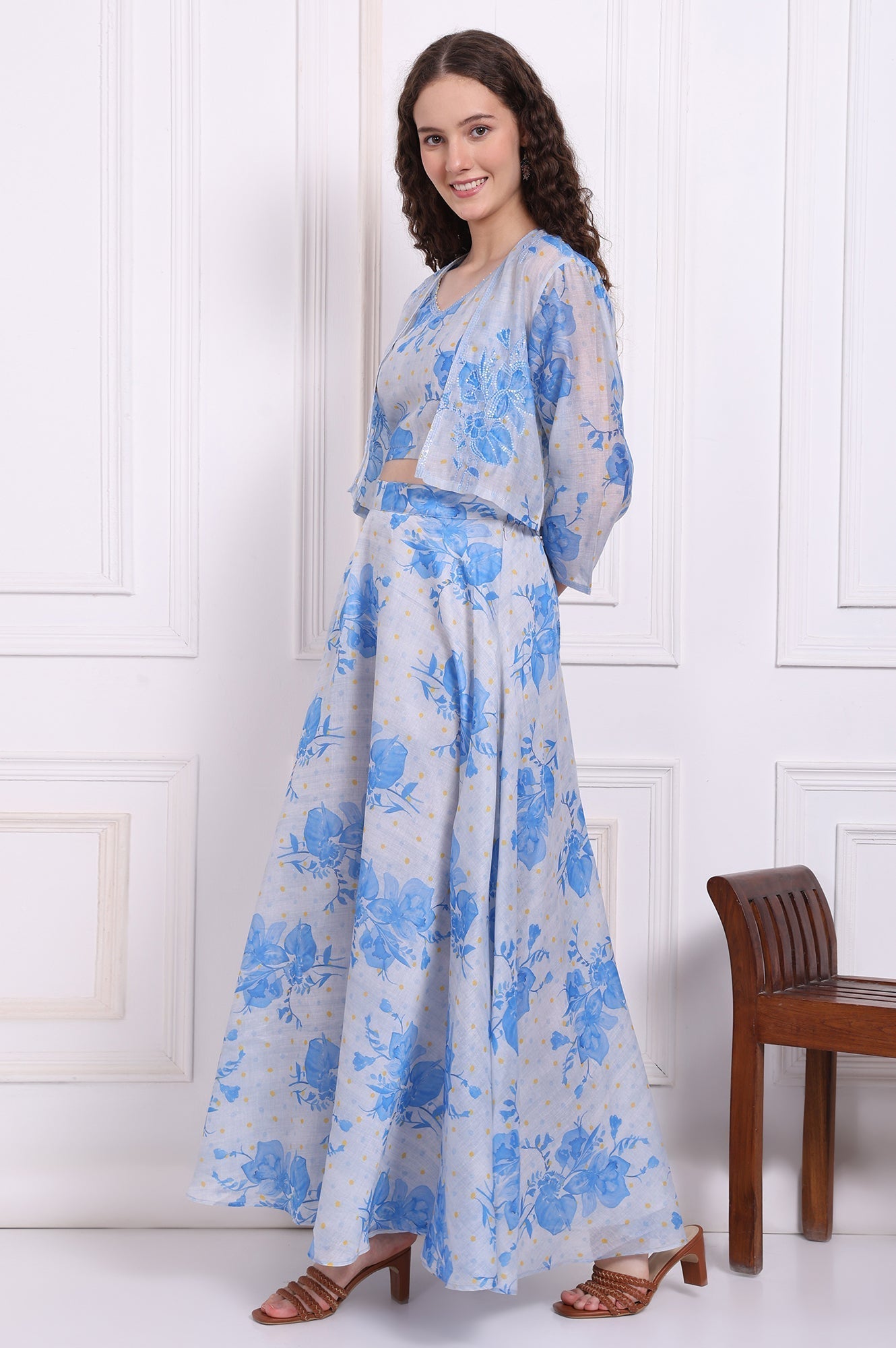 W for Woman Dusty Blue Spaghetti Crop Top, Embroidered Jacket and Skirt Set