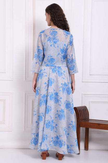 W for Woman Dusty Blue Spaghetti Crop Top, Embroidered Jacket and Skirt Set