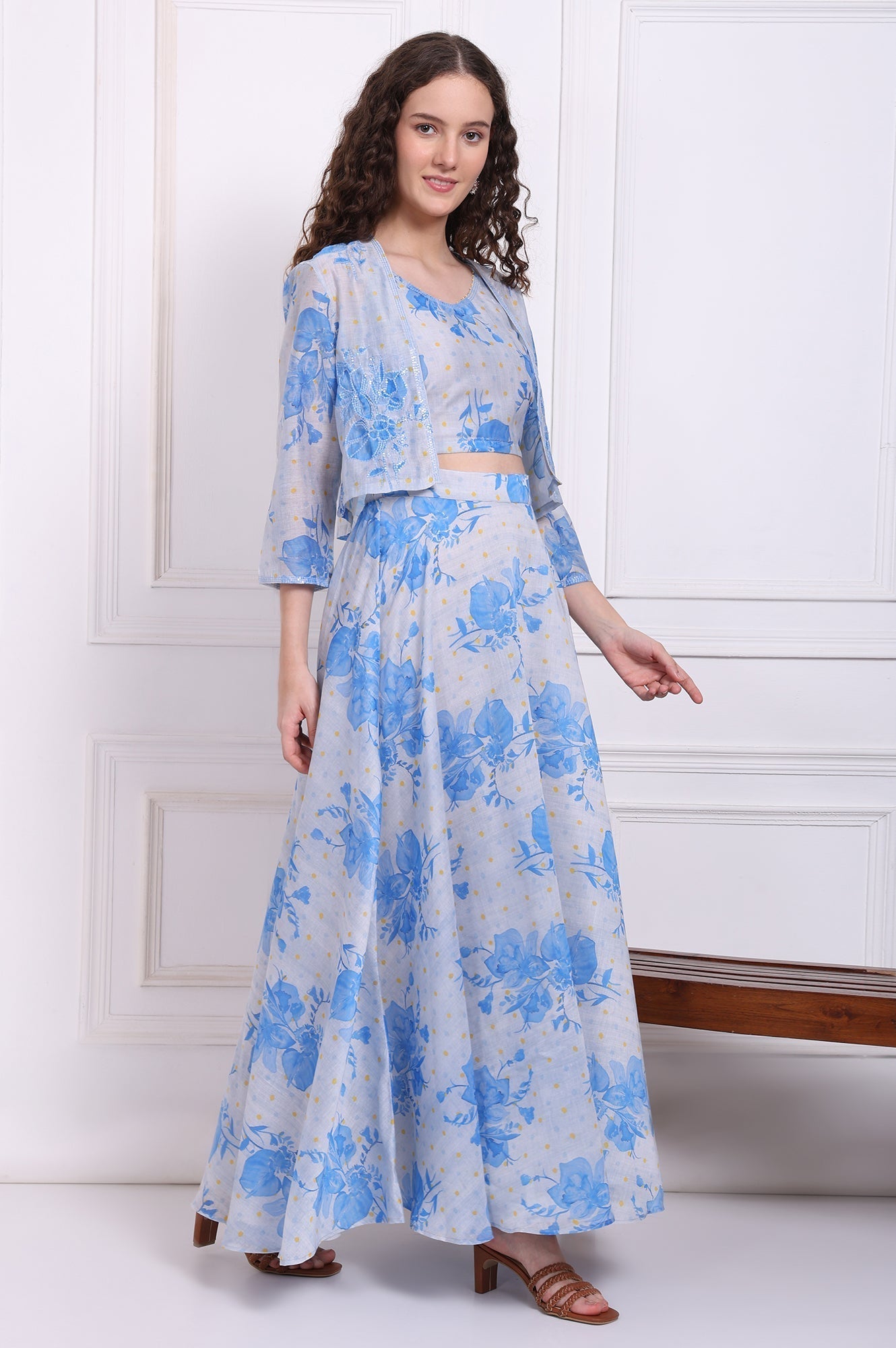 W for Woman Dusty Blue Spaghetti Crop Top, Embroidered Jacket and Skirt Set