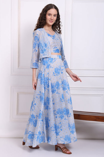 W for Woman Dusty Blue Spaghetti Crop Top, Embroidered Jacket and Skirt Set