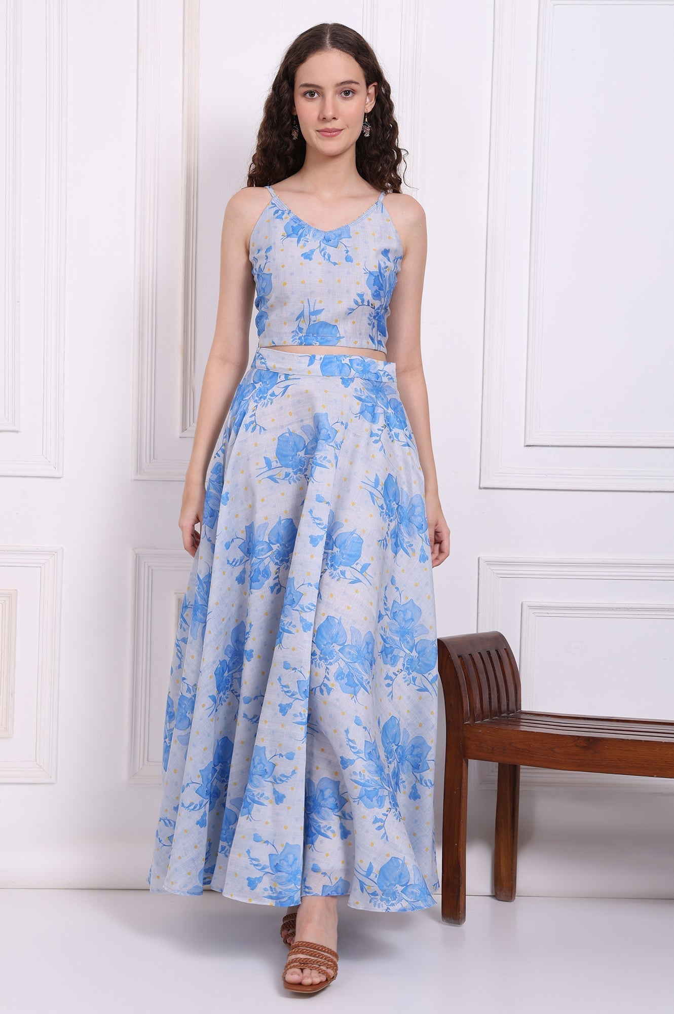 W for Woman Dusty Blue Spaghetti Crop Top, Embroidered Jacket and Skirt Set