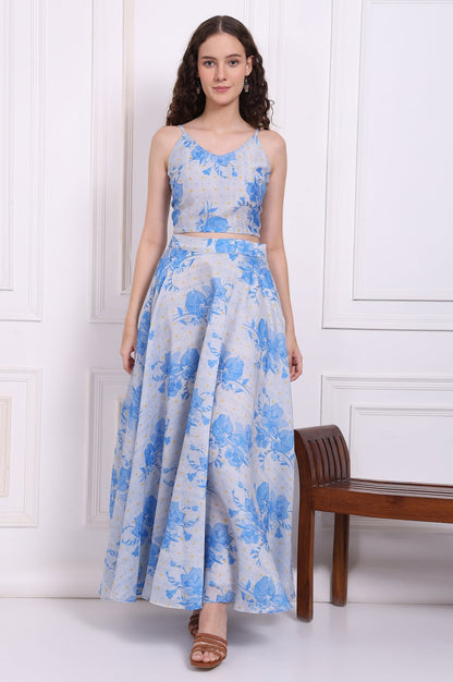 W for Woman Dusty Blue Spaghetti Crop Top, Embroidered Jacket and Skirt Set