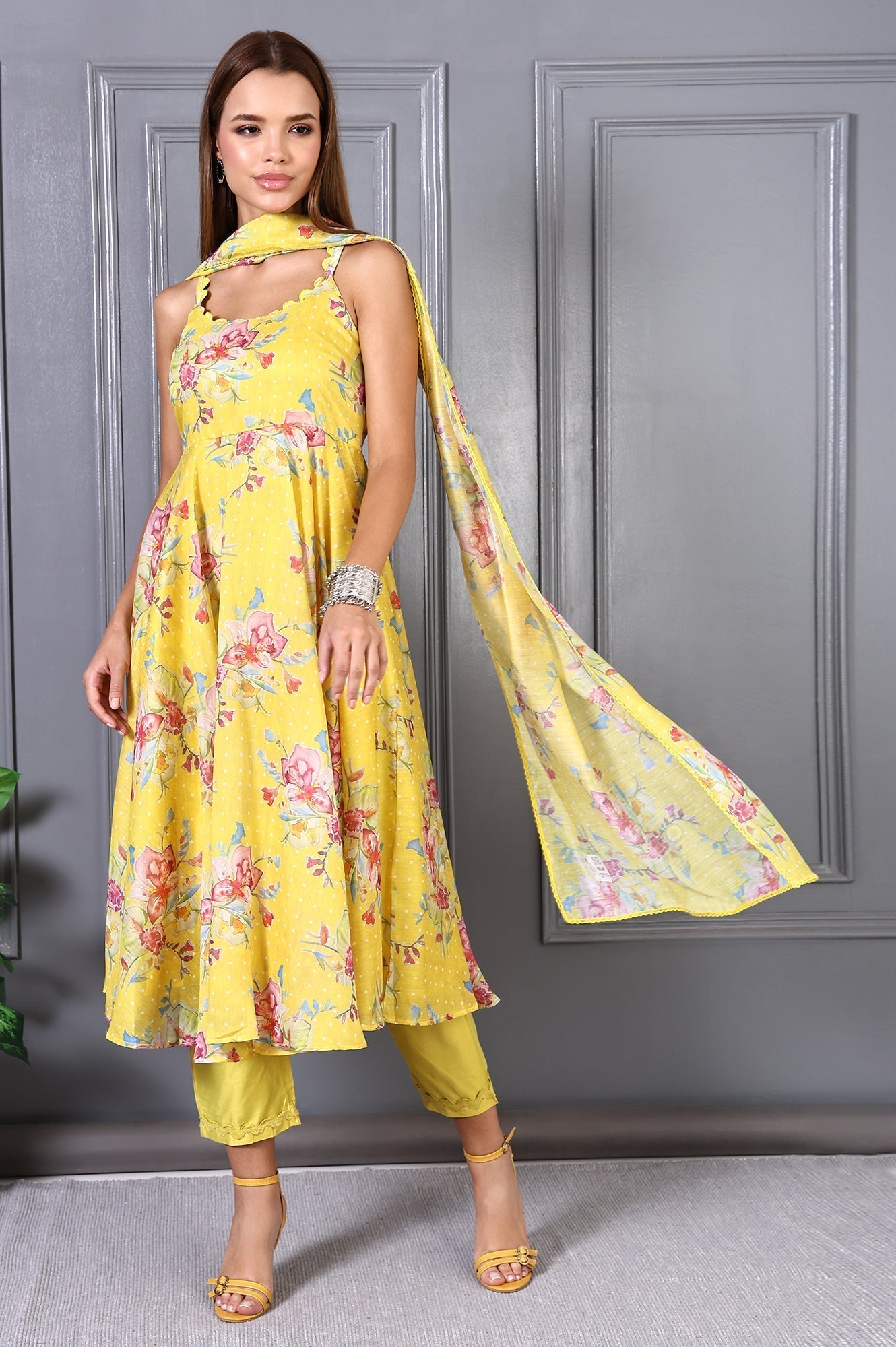 W for Woman Yellow Floral Printed Beads Chanderi Flared Spaghetti Kurta, Pants and Dupatta Set