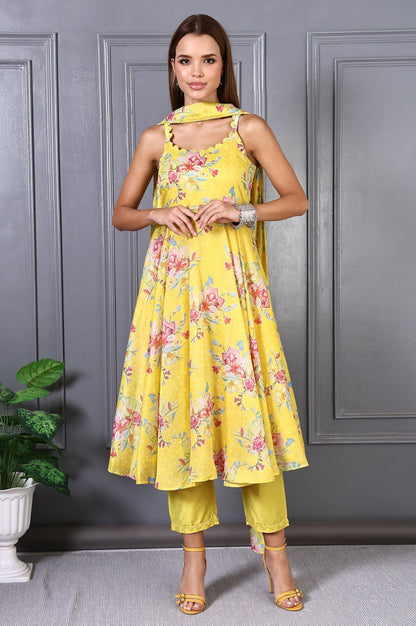 W for Woman Yellow Floral Printed Beads Chanderi Flared Spaghetti Kurta, Pants and Dupatta Set
