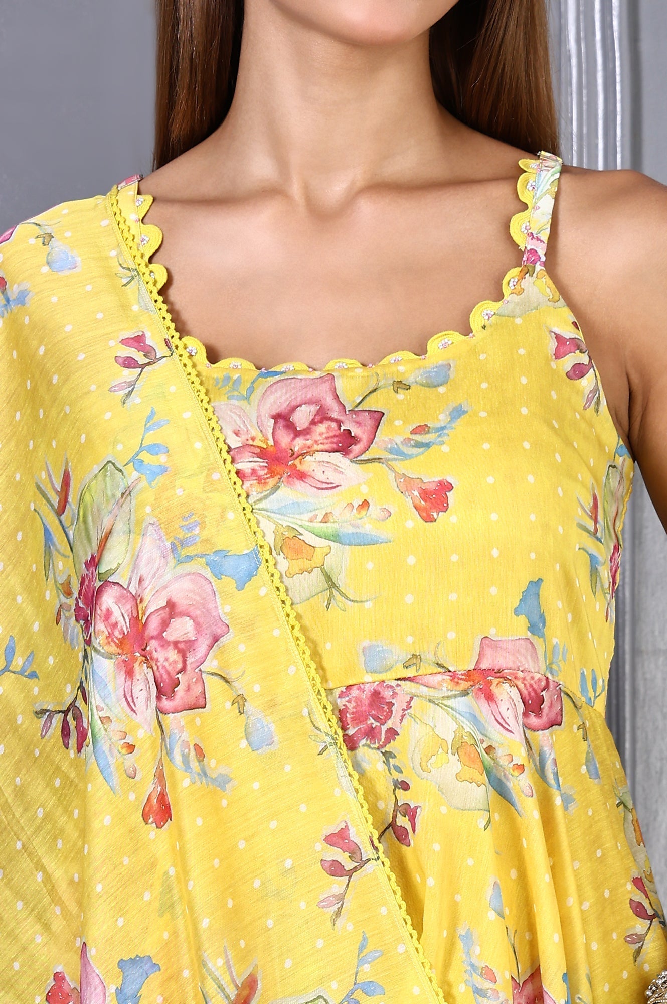 W for Woman Yellow Floral Printed Beads Chanderi Flared Spaghetti Kurta, Pants and Dupatta Set
