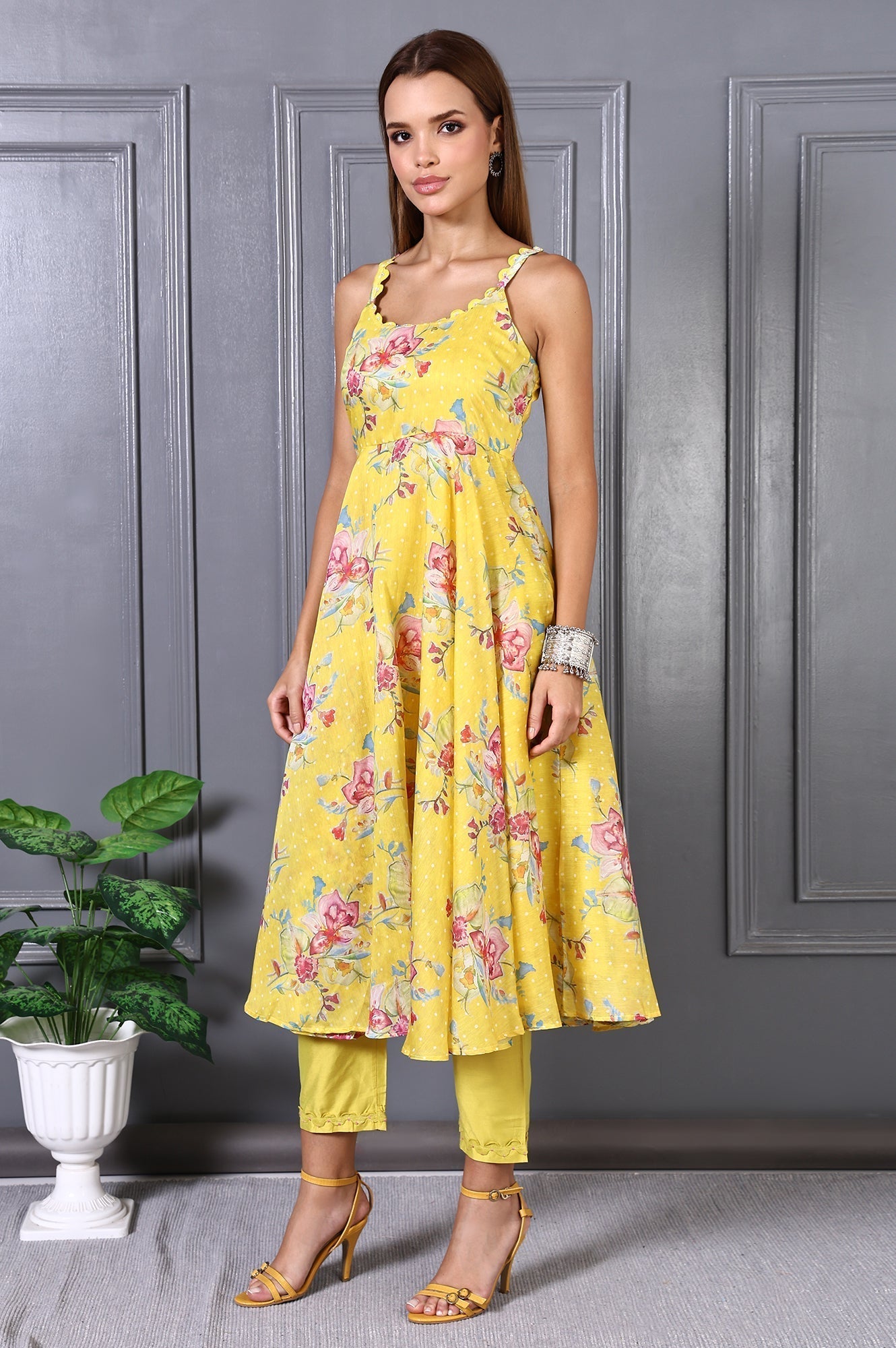 W for Woman Yellow Floral Printed Beads Chanderi Flared Spaghetti Kurta, Pants and Dupatta Set