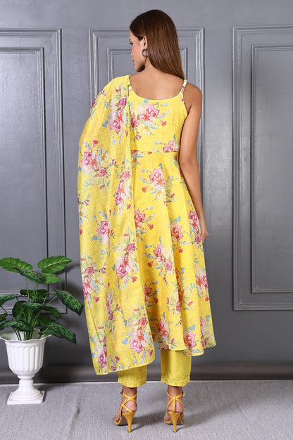 W for Woman Yellow Floral Printed Beads Chanderi Flared Spaghetti Kurta, Pants and Dupatta Set