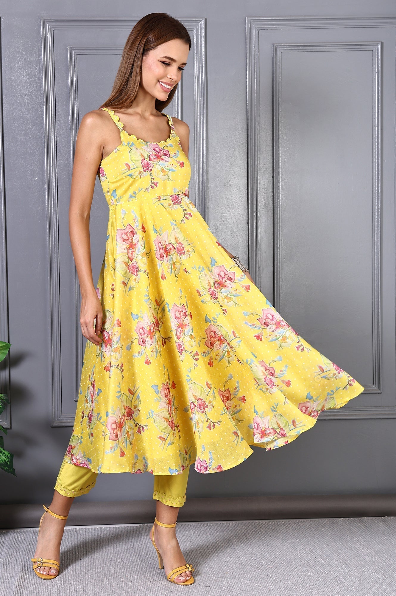 W for Woman Yellow Floral Printed Beads Chanderi Flared Spaghetti Kurta, Pants and Dupatta Set