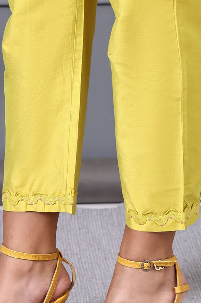 W for Woman Yellow Floral Printed Beads Chanderi Flared Spaghetti Kurta, Pants and Dupatta Set