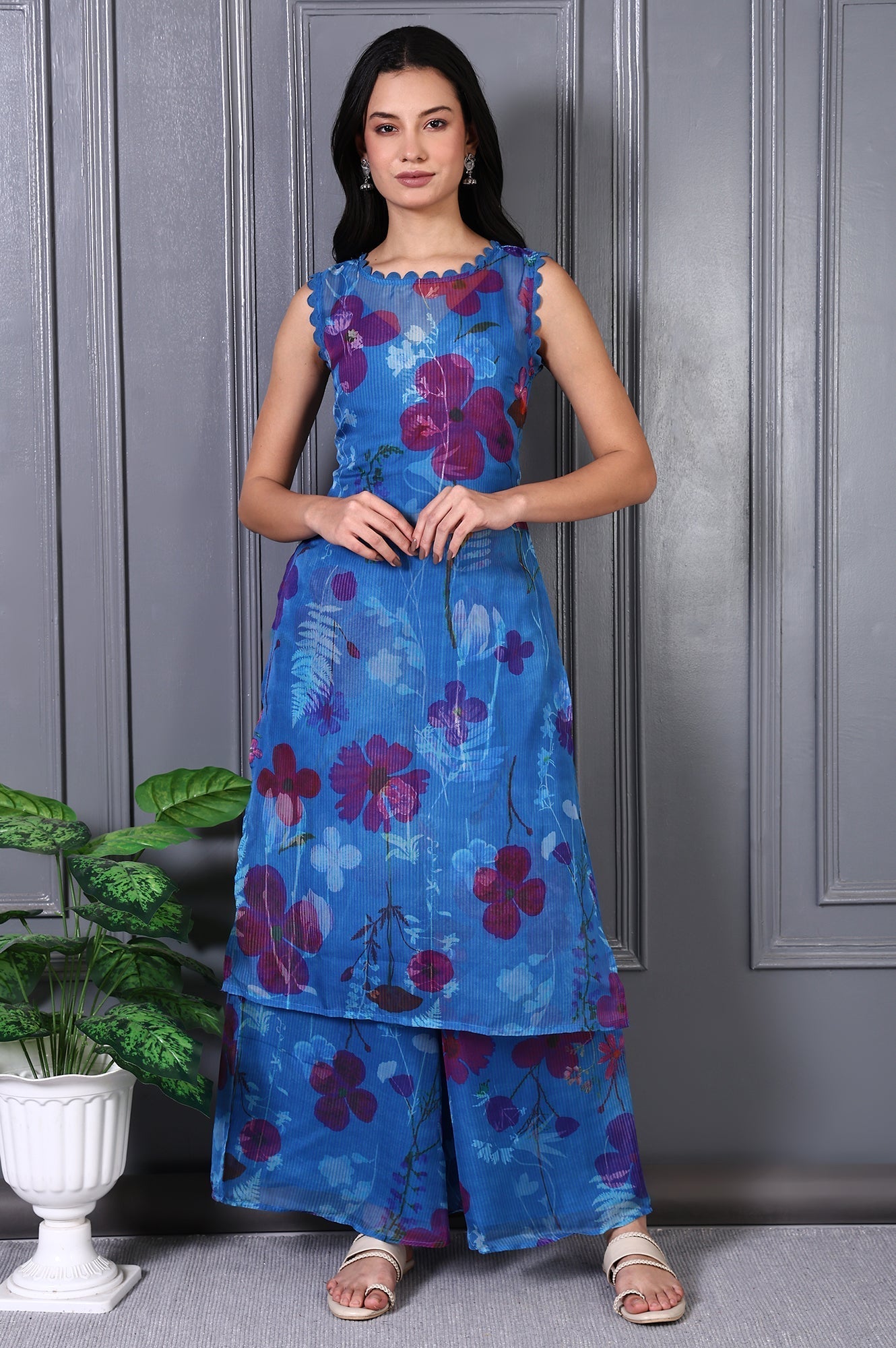 W for Woman Blue Floral Printed Lace Straight Sheer Kurta, Crop Top and Pants Set