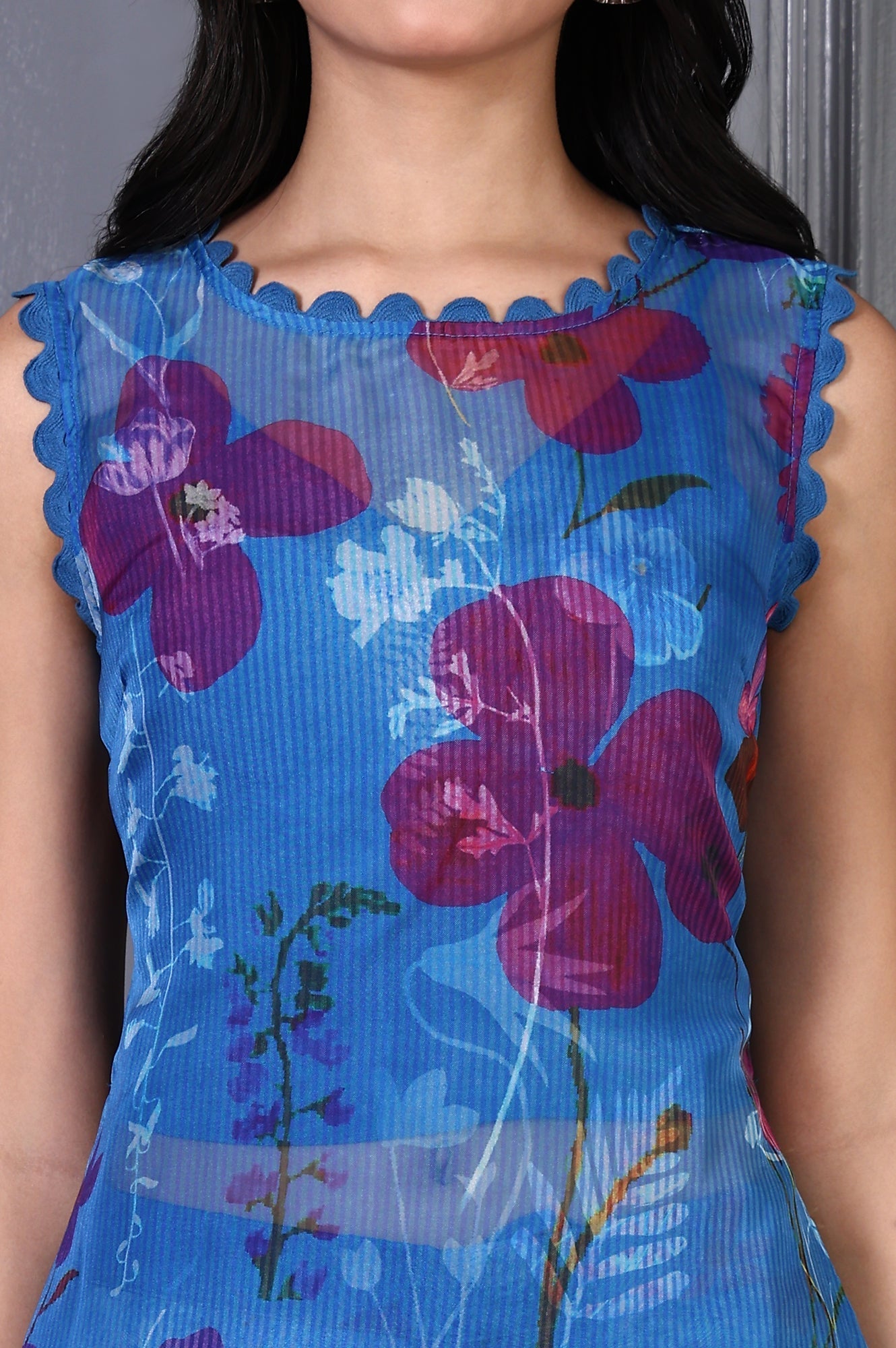 W for Woman Blue Floral Printed Lace Straight Sheer Kurta, Crop Top and Pants Set