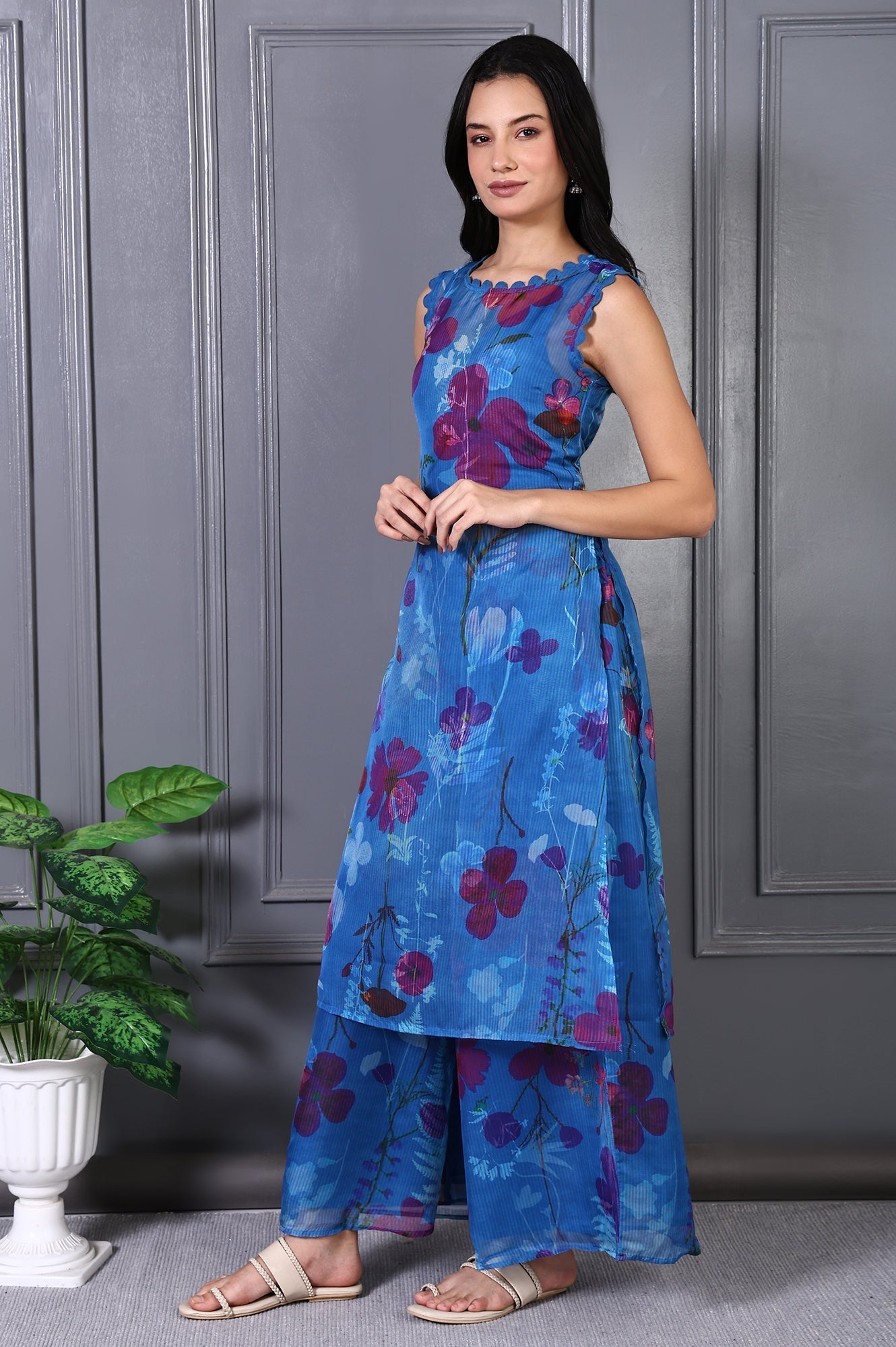 W for Woman Blue Floral Printed Lace Straight Sheer Kurta, Crop Top and Pants Set