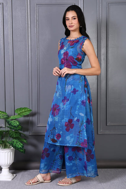 W for Woman Blue Floral Printed Lace Straight Sheer Kurta, Crop Top and Pants Set