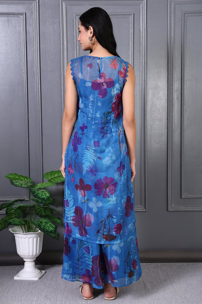 W for Woman Blue Floral Printed Lace Straight Sheer Kurta, Crop Top and Pants Set