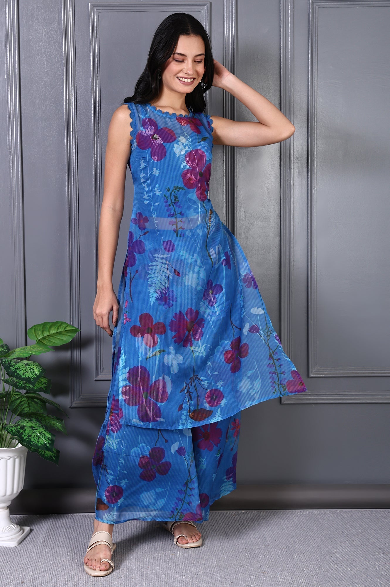 W for Woman Blue Floral Printed Lace Straight Sheer Kurta, Crop Top and Pants Set