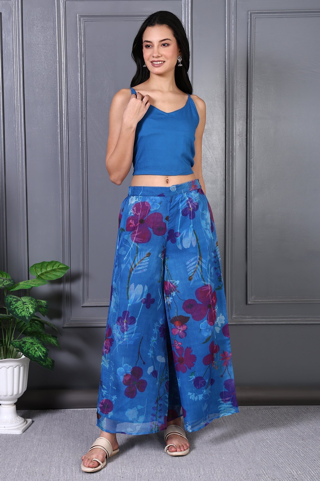 W for Woman Blue Floral Printed Lace Straight Sheer Kurta, Crop Top and Pants Set