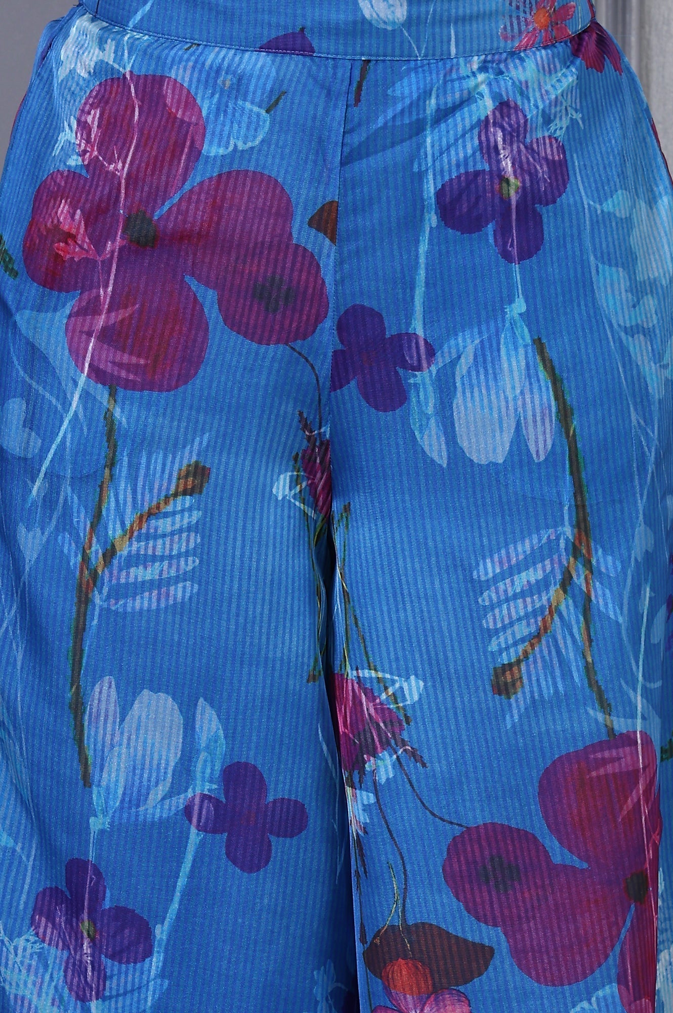 W for Woman Blue Floral Printed Lace Straight Sheer Kurta, Crop Top and Pants Set